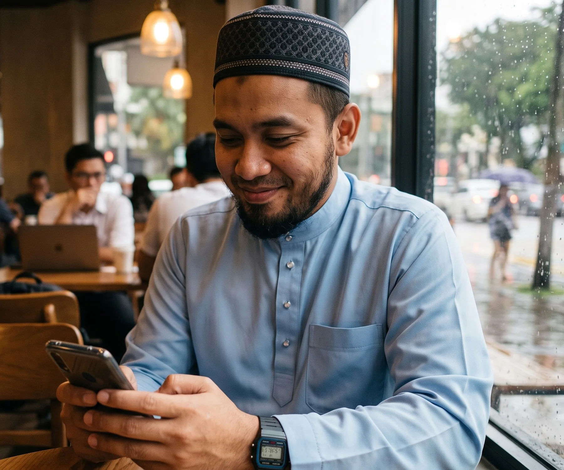 A trader using a mobile phone in a café